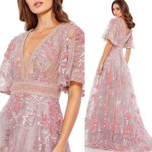 Mac Duggal Embroidered Flounce sleeve A line Gown